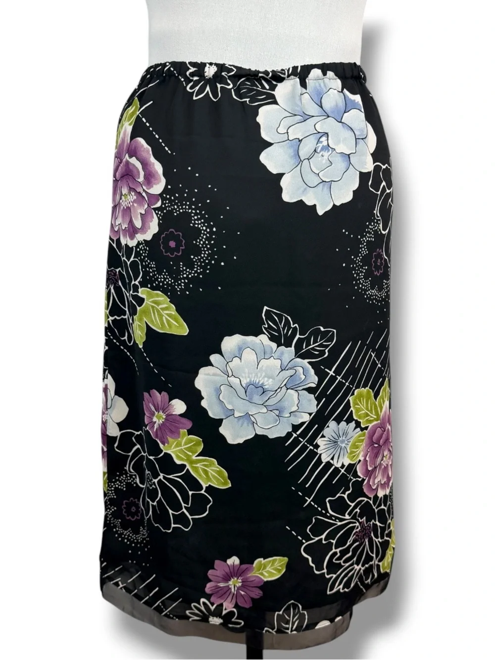Y2K George Black Floral Midi Pencil Skirt Medium Pull On Cottagecore Modest